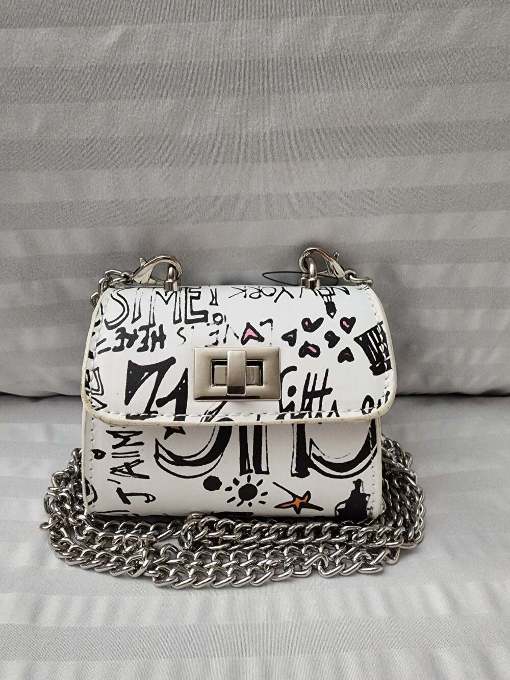 Hello 3AM Graffiti Print Mini Crossbody Bag with Silver Chain Strap